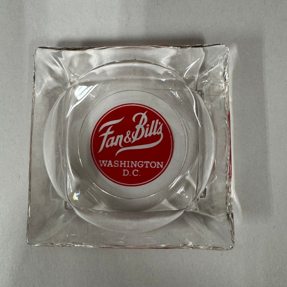 Vintage Fan & Bills Washington DC Glass Ashtray Square Clear Red Logo